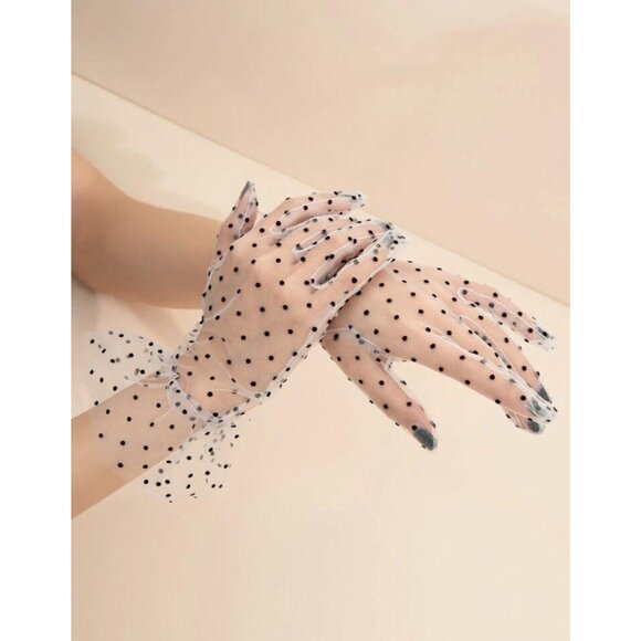 WHITE POLKA DOT Sheer Shorts Gloves One Size NEW - Picture 2 of 3